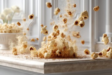 A captivating studio shot of popcorn in motion, levitating and cascading, against a bright, clean background, showcasing the snack's texture and appetizing appeal.