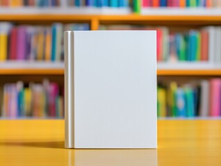 White book mockup on table, colorful library background