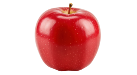 A single, shiny, red apple, with a dark brown stem and no leaves, sits in the center