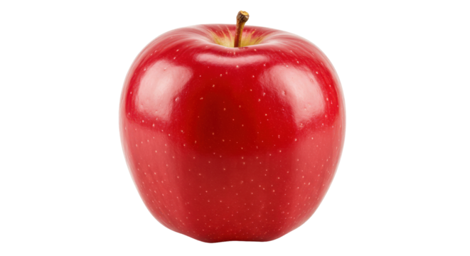 A single, shiny, red apple, with a dark brown stem and no leaves, sits in the center