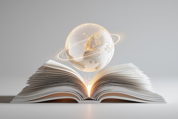 Minimal 3D Render of Open Book with Floating Digital Globe on White Background for Global Online Learning Concept