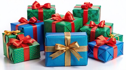 Obraz premium Festive Christmas, Birthday & Valentine's Gifts: Red, Blue & Green Wrapped Presents with Red & Gold Ribbons on White
