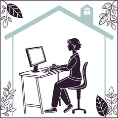"Home Office Illustration - Woman Working at Desk with Computer, Leaves and House Design"
