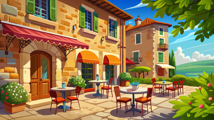 Obraz premium Very beautiful Cafe tables and chairs outside a stone building in Tuscany
