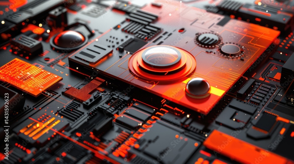Aufkleber the picture of the red circuit board with technology theme that stands for the connection, the mainb