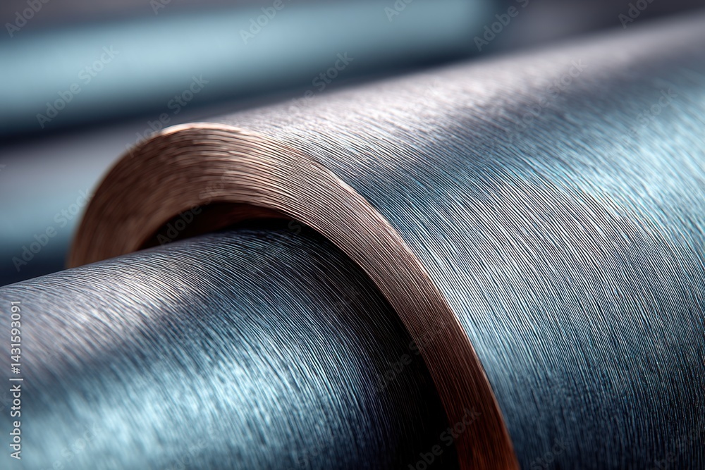 Poster close-up on a stack of two metal coils with a shiny, textured surface and a metallic sheen, creating