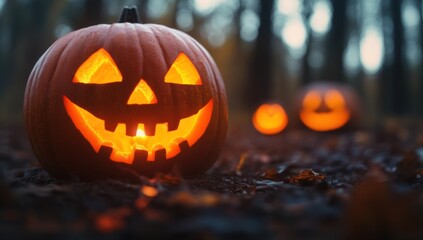 Fototapeta premium Glowing Jack-o'-lantern in autumn forest