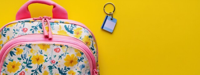 A colorful backpack with floral patterns and a small keychain on a bright yellow background.