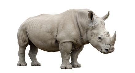 Imposing rhino with thick skin stands out on black background, with prominent horns