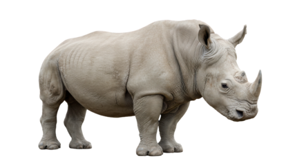 Imposing rhino with thick skin stands out on black background, with prominent horns