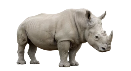  Imposing rhino with thick skin stands out on black background, with prominent horns © Elsh