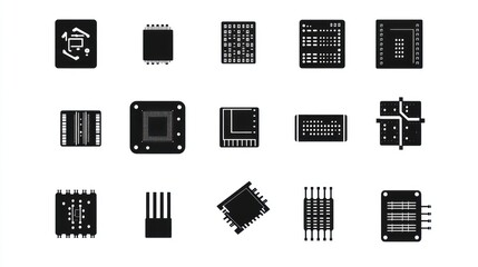 Various microchip icons; technology, electronics, computer components; white background; for websites, presentations