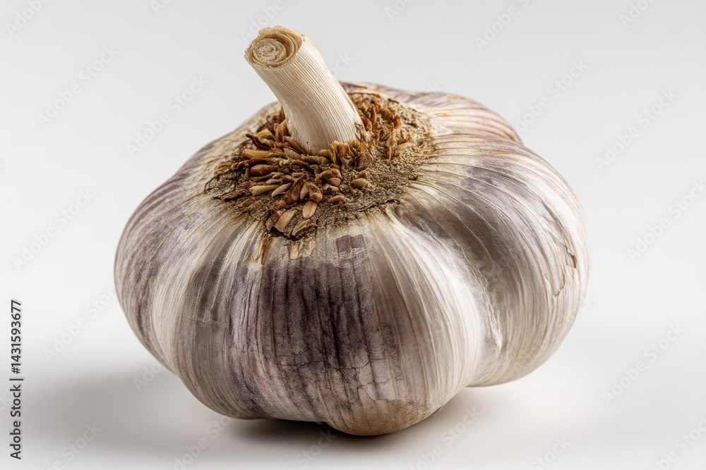 Poster a close-up studio shot of a whole garlic bulb showing its texture and form in details, capturing the