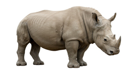 Obraz premium A large, gray rhino stands in focus against a black backdrop, with a powerful, muscular build