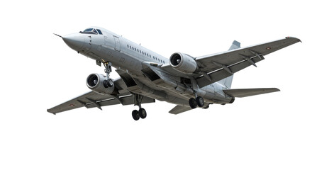 Obraz premium Airplane in flight; a detailed exterior shot of landing gear and two engines