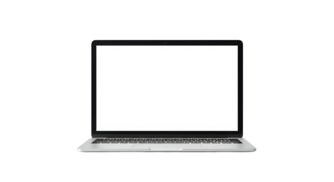 Silver laptop centered with a bright white screen on black background with keyboard showing