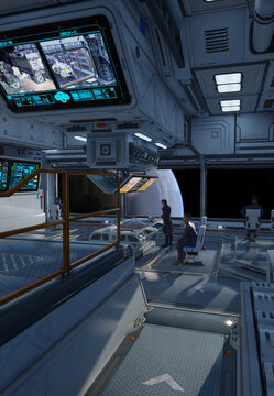 Space Ship Command Bridge with Crew, 3d digitally rendered science fiction illustration
