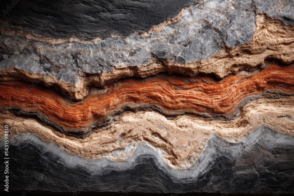 Poster a close-up abstract image of layered rock formations showcasing vibrant textures, with a variety of 