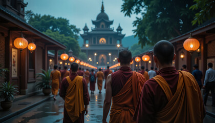 Obraz premium Monks in robes walking towards a temple during Vesak celebrations 