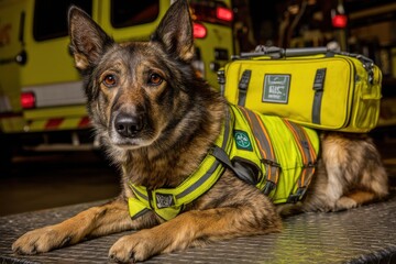 A focused German Shepherd working dog wearing a safety vest with a medical bag, standing near an ambulance ready to provide aid and assistance in critical situations.