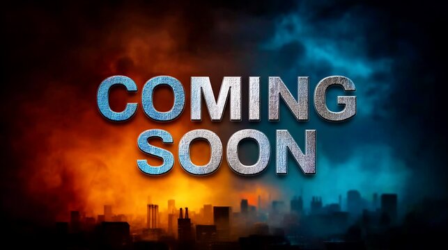 Metallic text over city skyline against dramatic orange and blue smoky skies