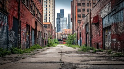 Overgrown urban alleyway between decaying brick buildings, leading to modern skyscrapers in the distance.