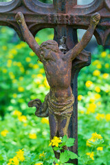 Historic Statue on the spring mystery old Prague Cemetery, Czech Republic 