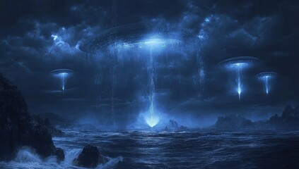 Alien ships beam energy; coastal night scene; science fiction artwork