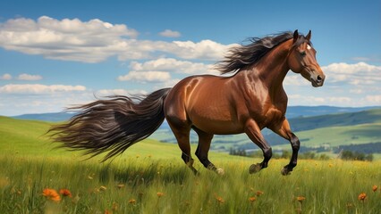 Brown Horse Running Freely in Green Meadow with Mountain View