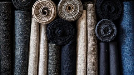 Various rolled fabrics in neutral tones.