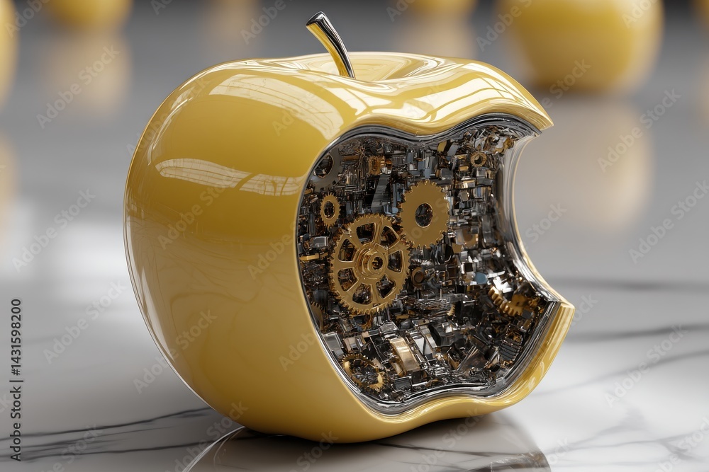 Poster a conceptual depiction of an apple with mechanical gears inside, symbolizing technological advanceme