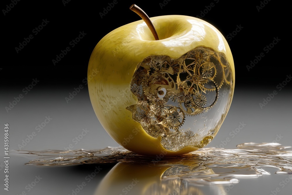 Aufkleber an intriguing close-up of a golden apple with gears, showcasing intricate mechanical elements inside