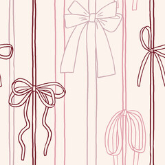 Cute whimsical pink seamless pattern with bows. Pretty girly ribbon bow background. Whimsy vector wrapping paper, fabric, textile design with different bows for holidays