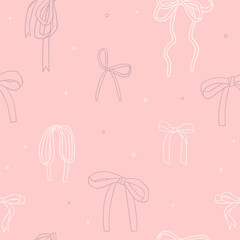 Cute whimsical pink seamless pattern with bows. Pretty girly ribbon bow background. Whimsy vector wrapping paper, fabric, textile design with different bows for holidays