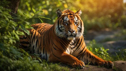 Fototapeta premium Majestic Bengal Tiger Resting in Wild Jungle Habitat