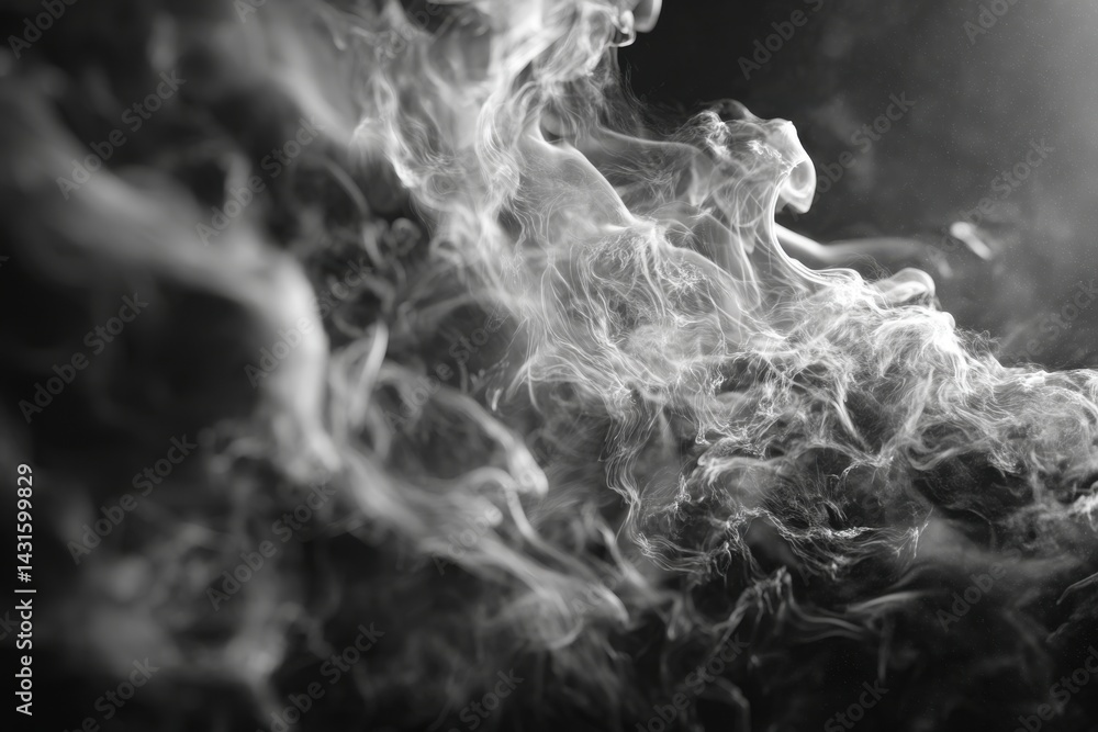 Poster abstract monochrome image featuring swirls of smoke, creating an ethereal, dynamic composition, idea