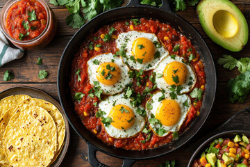 Mexican huevos rancheros eggs with tomato sauce and cilantro in skillet. raditional Mexican breakfast with bold flavors and vibrant colors.