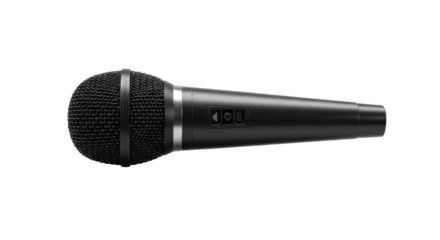 Black microphone with mesh head, controls, & sleek design on dark background
