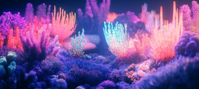 A holographic coral reef with AI-generated fish glowing in neon colors