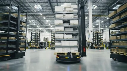 Autonomous Mobile Robots Moving Shelves Boxes in Modern Automated Warehouse - Powered by Adobe