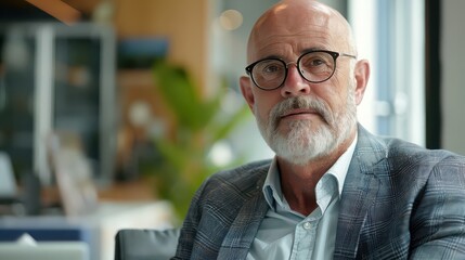 Obraz premium Close up of a mature man with glasses and a beard wearing a suit jacket in an office setting