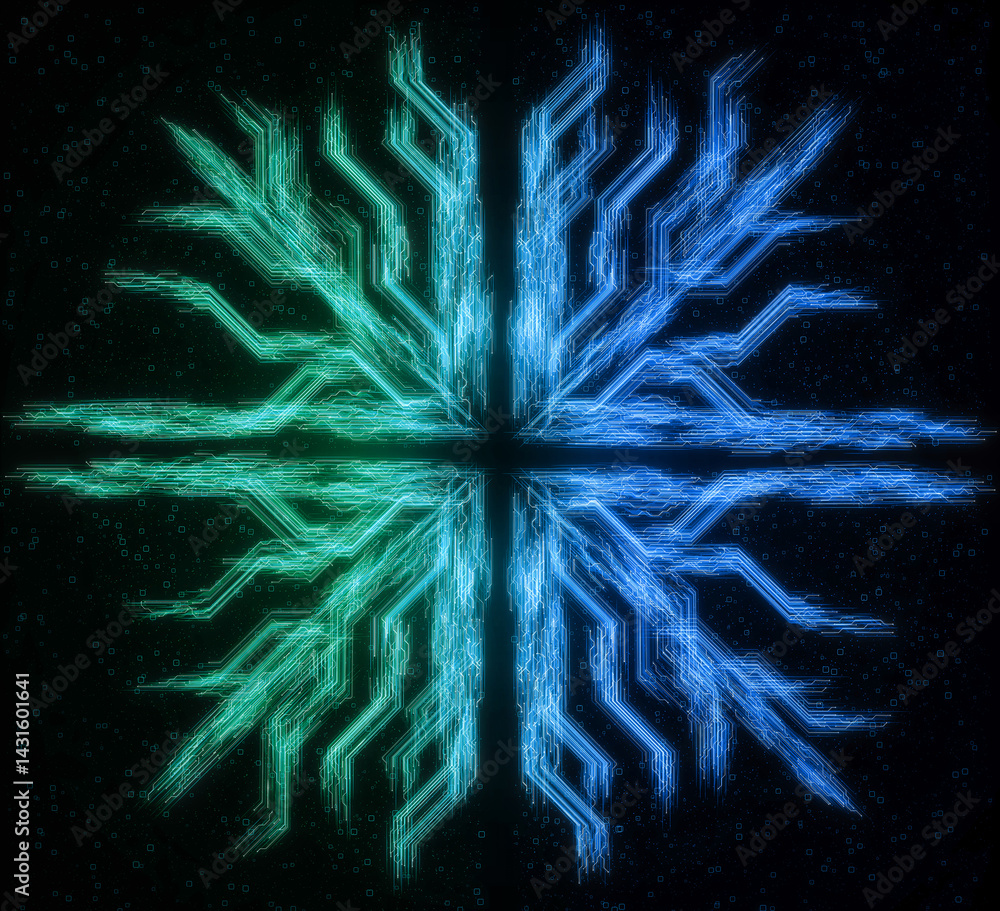 Poster symmetrical abstract circuit board pattern with glowing neon green and blue lines on a dark digital 