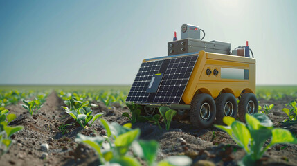 A solar-powered agriculture robot working in the field. Integration of renewable energy and advanced technology