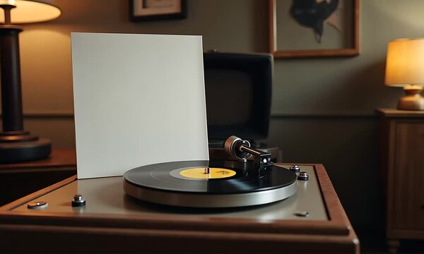 Vintage Vinyl Record Player with Blank Album Cover in Retro Living Room Setting