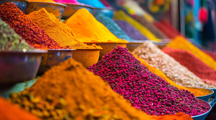 Exotic Spices Piled at Market Stall. Vibrant heaps of various spices creating a colorful landscape in a market