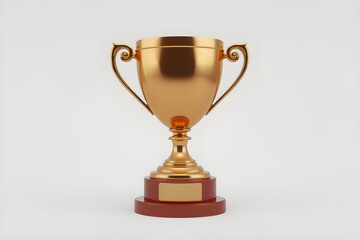 A shiny, golden trophy with elegant curved handles, set on a wooden base with a blank nameplate. It conveys achievement and recognition