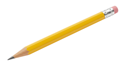 Angled shot of a yellow pencil, freshly sharpened tip, rubber eraser. Writing tool detail