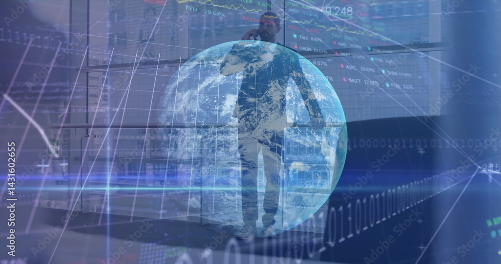 Poster image of financial data processing and globe over biracial businessman using smartphone
