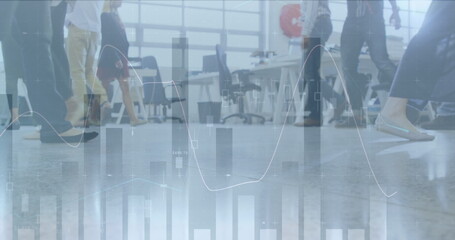 Image of financial data processing over walking crowd