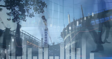 Image of financial data processing over walking crowd